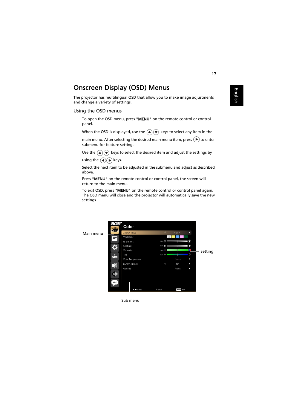 Onscreen display (osd) menus | Acer K520 User Manual | Page 27 / 57