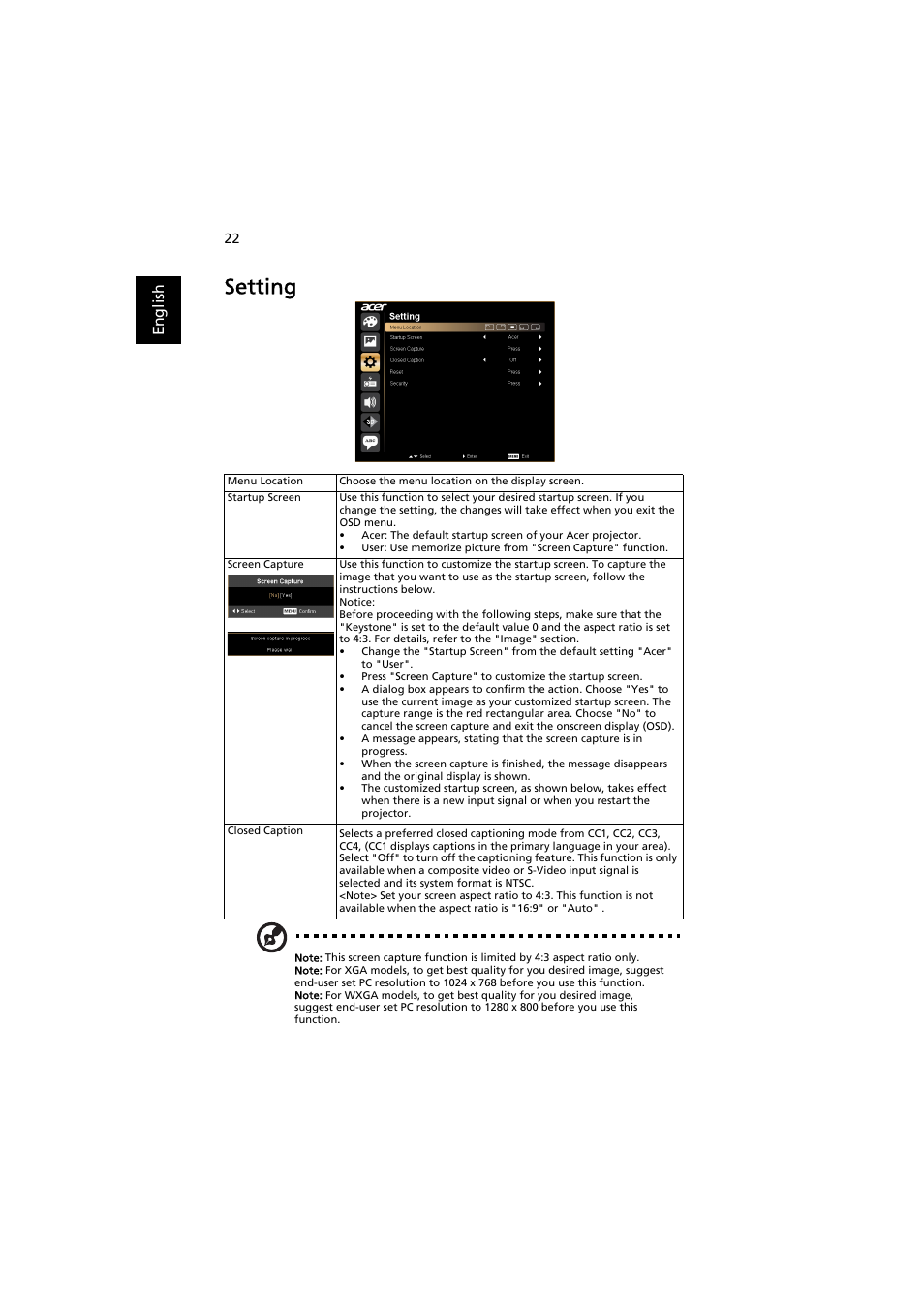 Setting, En gl ish | Acer K520 User Manual | Page 32 / 57