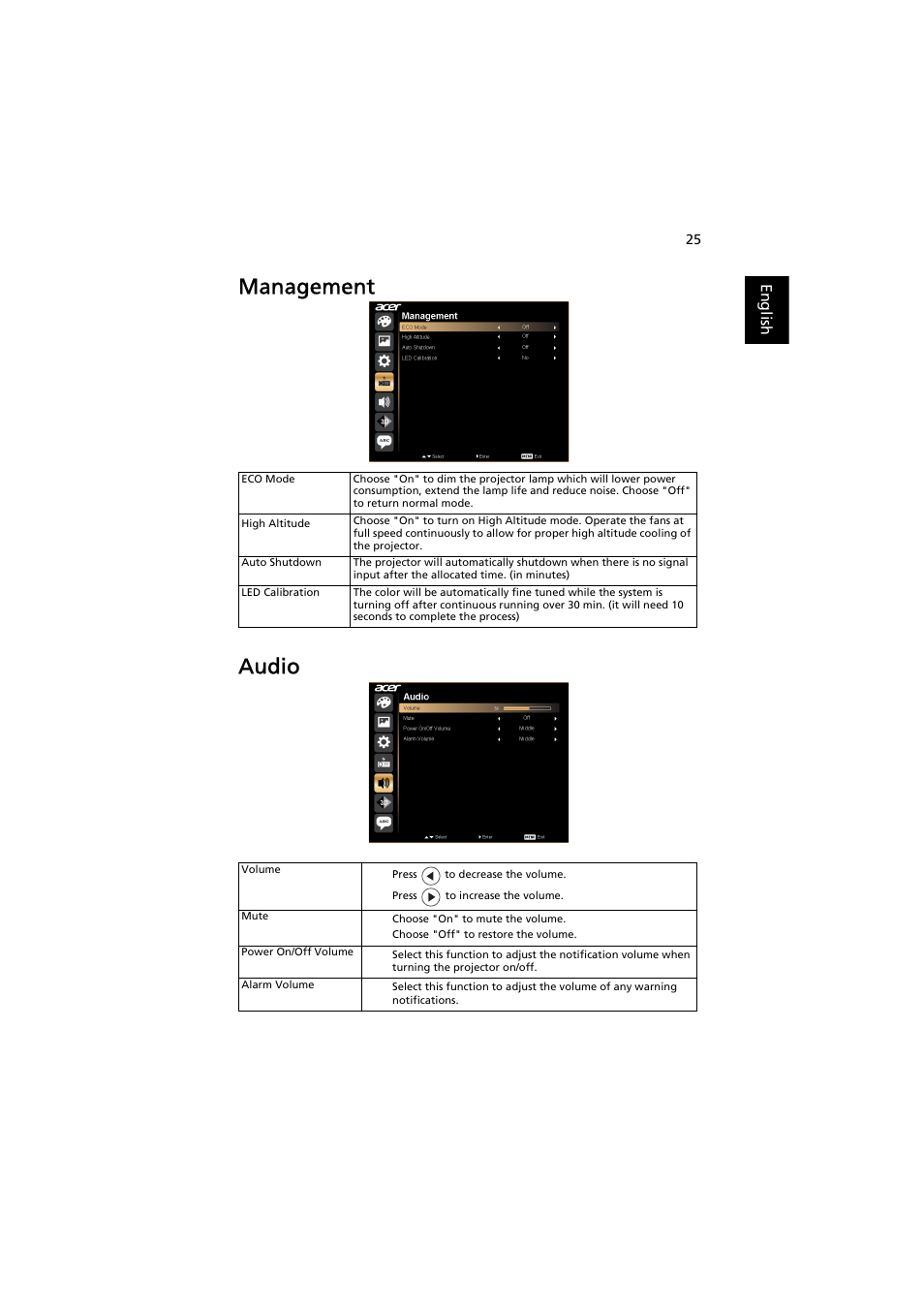 Management, Audio, Management audio | Acer K520 User Manual | Page 35 / 57