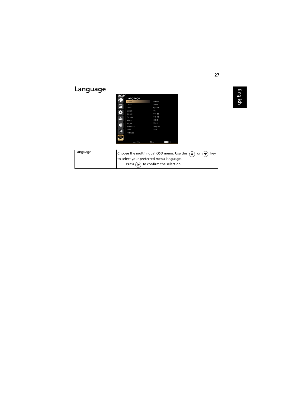 Language | Acer K520 User Manual | Page 37 / 57