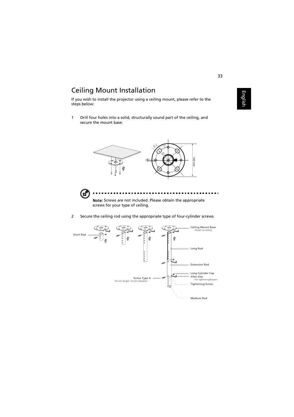 Ceiling mount installation, English | Acer K520 User Manual | Page 43 / 57