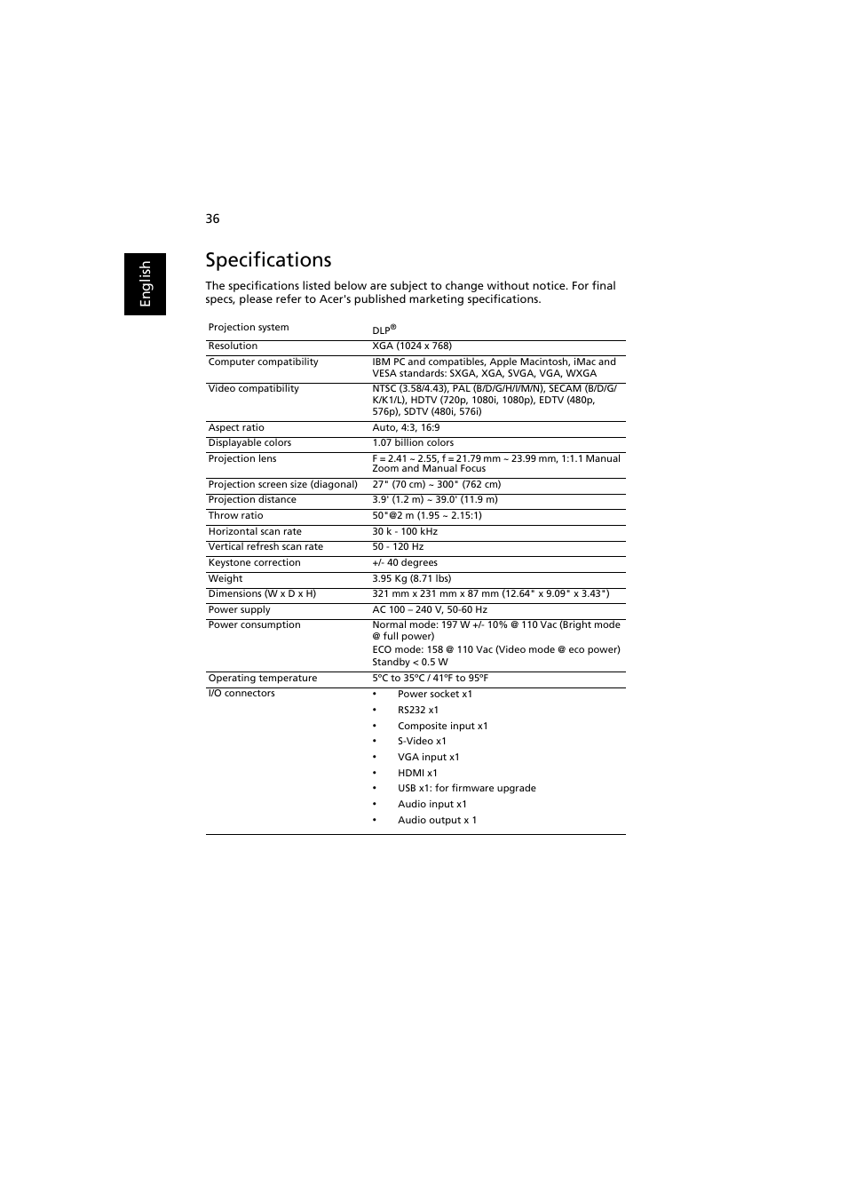 Specifications, En gl ish | Acer K520 User Manual | Page 46 / 57