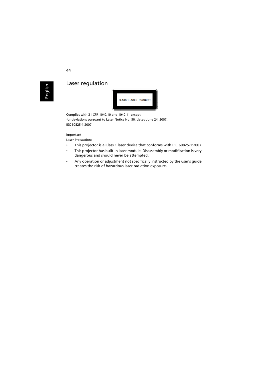 Laser regulation | Acer K520 User Manual | Page 54 / 57