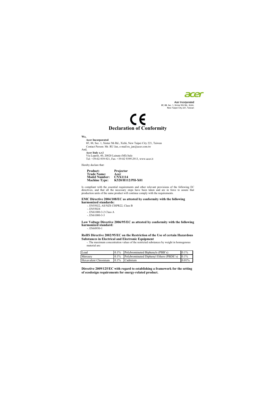 Declaration of conformity | Acer K520 User Manual | Page 55 / 57