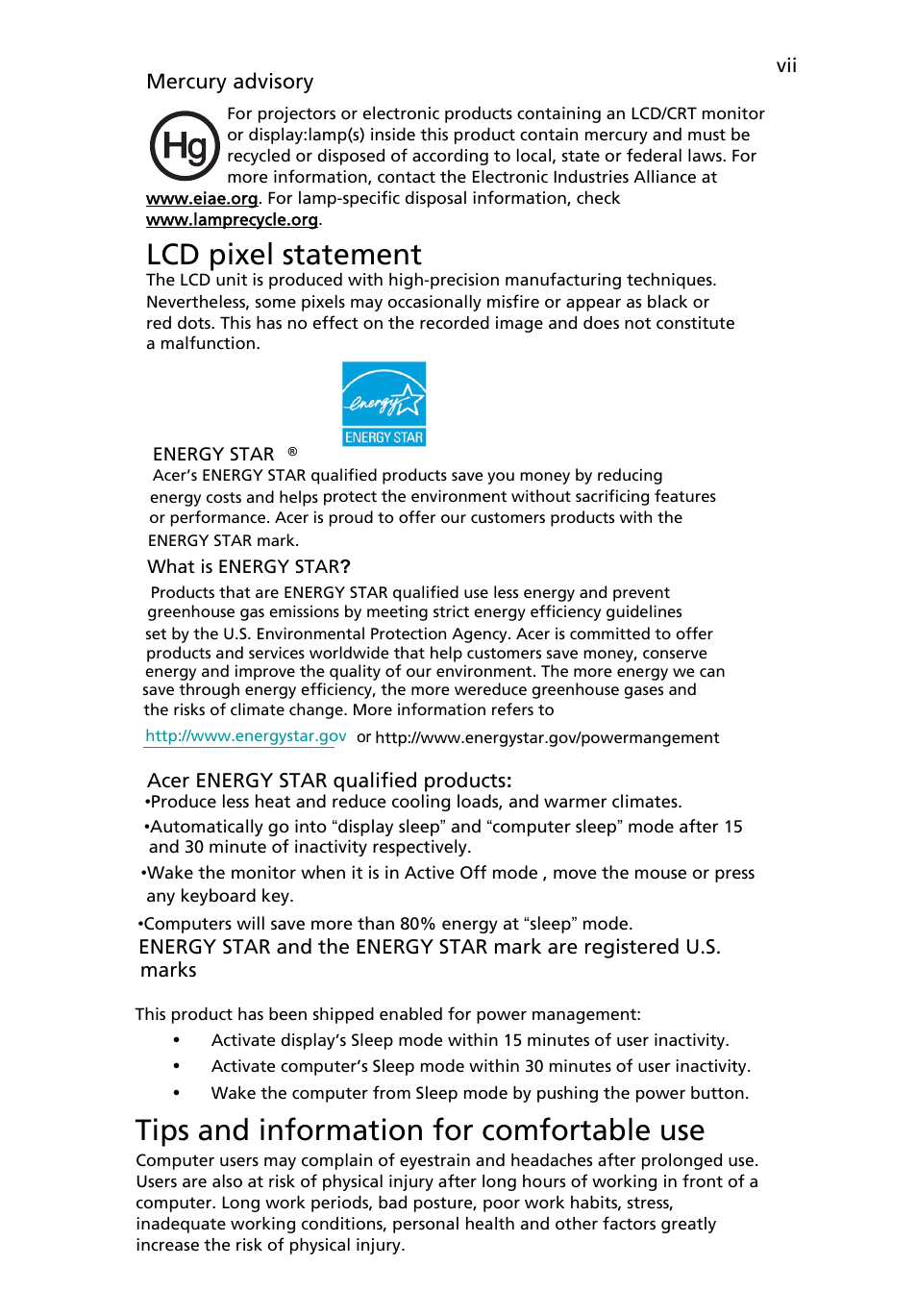 Lcd pixel statement, Tips and information for comfortable use | Acer H233H User Manual | Page 7 / 27
