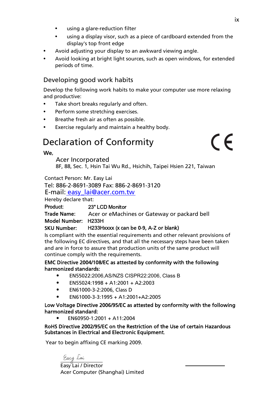 Declaration of conformity, Developing good work habits | Acer H233H User Manual | Page 9 / 27