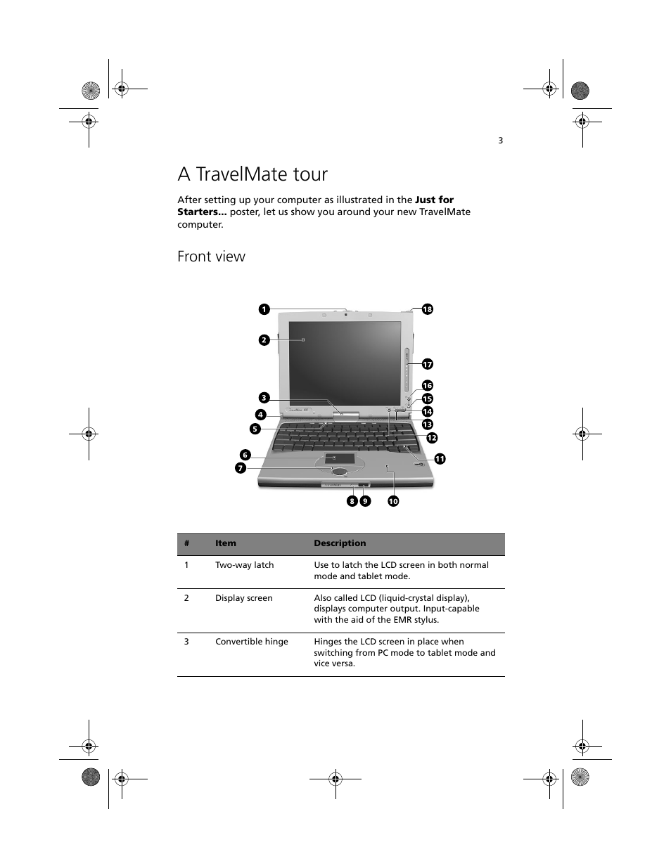 A travelmate tour, Front view | Acer TravelMate C100 User Manual | Page 13 / 102
