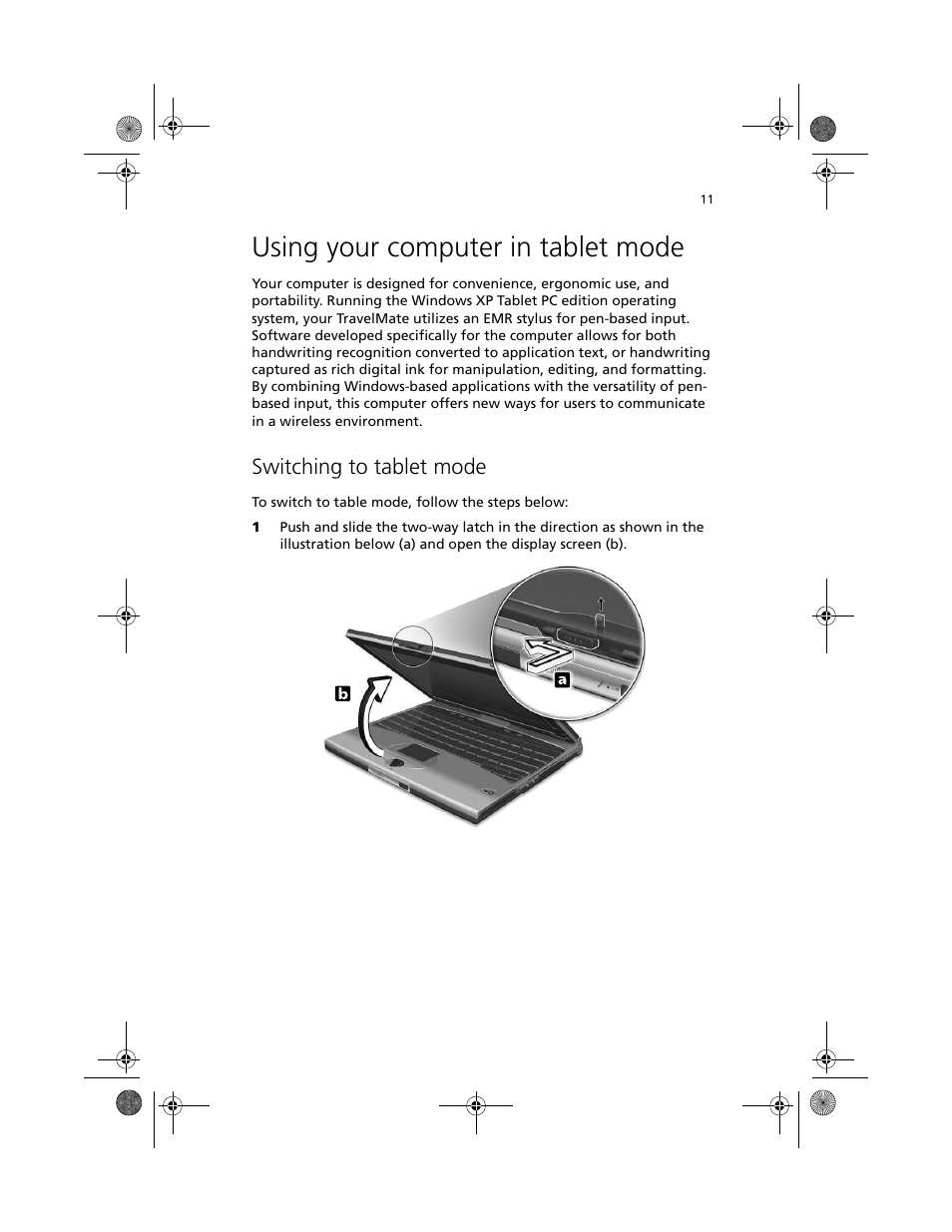 Using your computer in tablet mode, Switching to tablet mode | Acer TravelMate C100 User Manual | Page 21 / 102