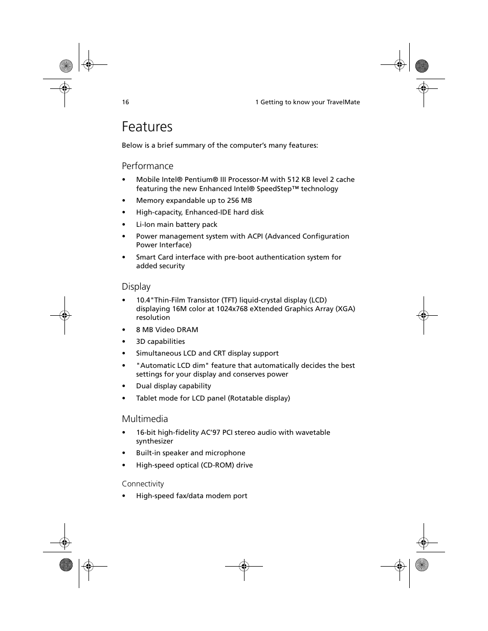 Features, Performance, Display | Multimedia | Acer TravelMate C100 User Manual | Page 26 / 102