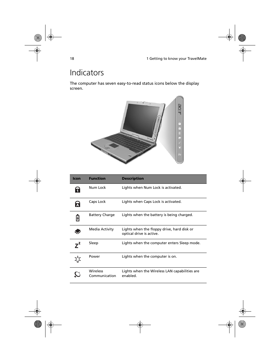 Indicators | Acer TravelMate C100 User Manual | Page 28 / 102