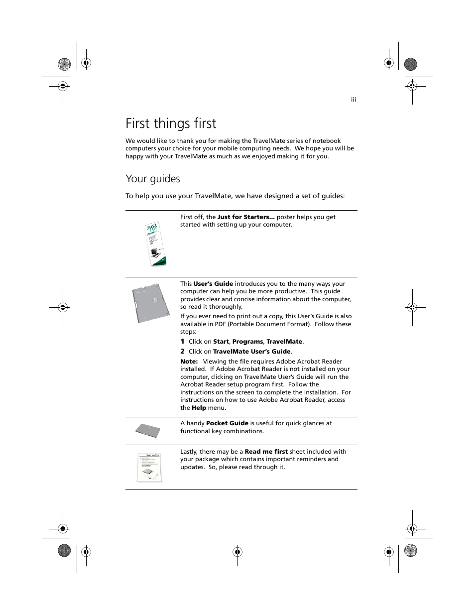 First things first, Your guides | Acer TravelMate C100 User Manual | Page 3 / 102