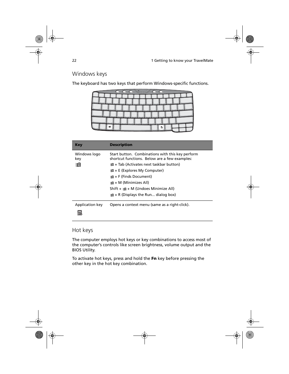 Windows keys, Hot keys | Acer TravelMate C100 User Manual | Page 32 / 102