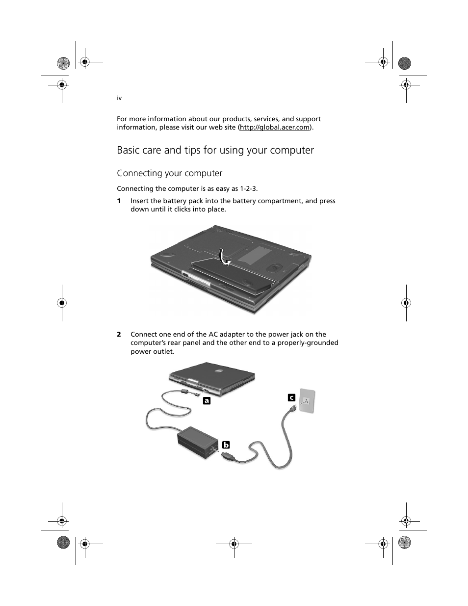 Basic care and tips for using your computer, Connecting your computer | Acer TravelMate C100 User Manual | Page 4 / 102