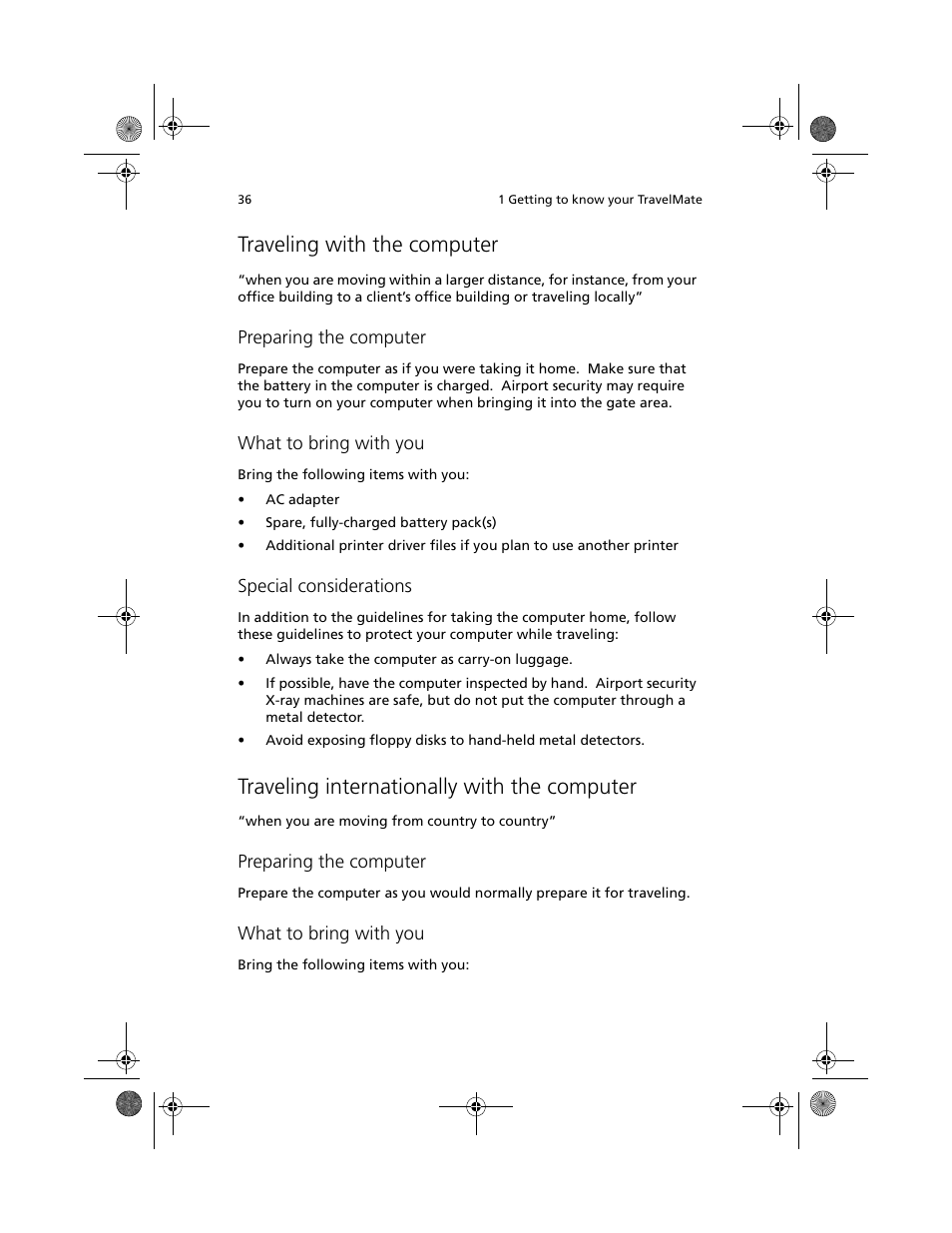 Traveling with the computer, Traveling internationally with the computer | Acer TravelMate C100 User Manual | Page 46 / 102