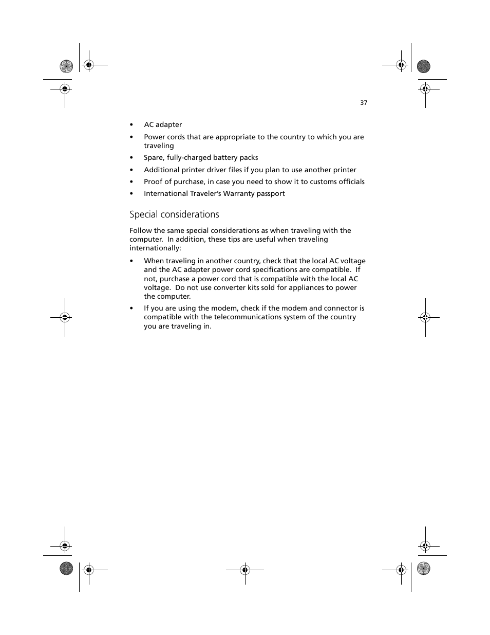 Special considerations | Acer TravelMate C100 User Manual | Page 47 / 102