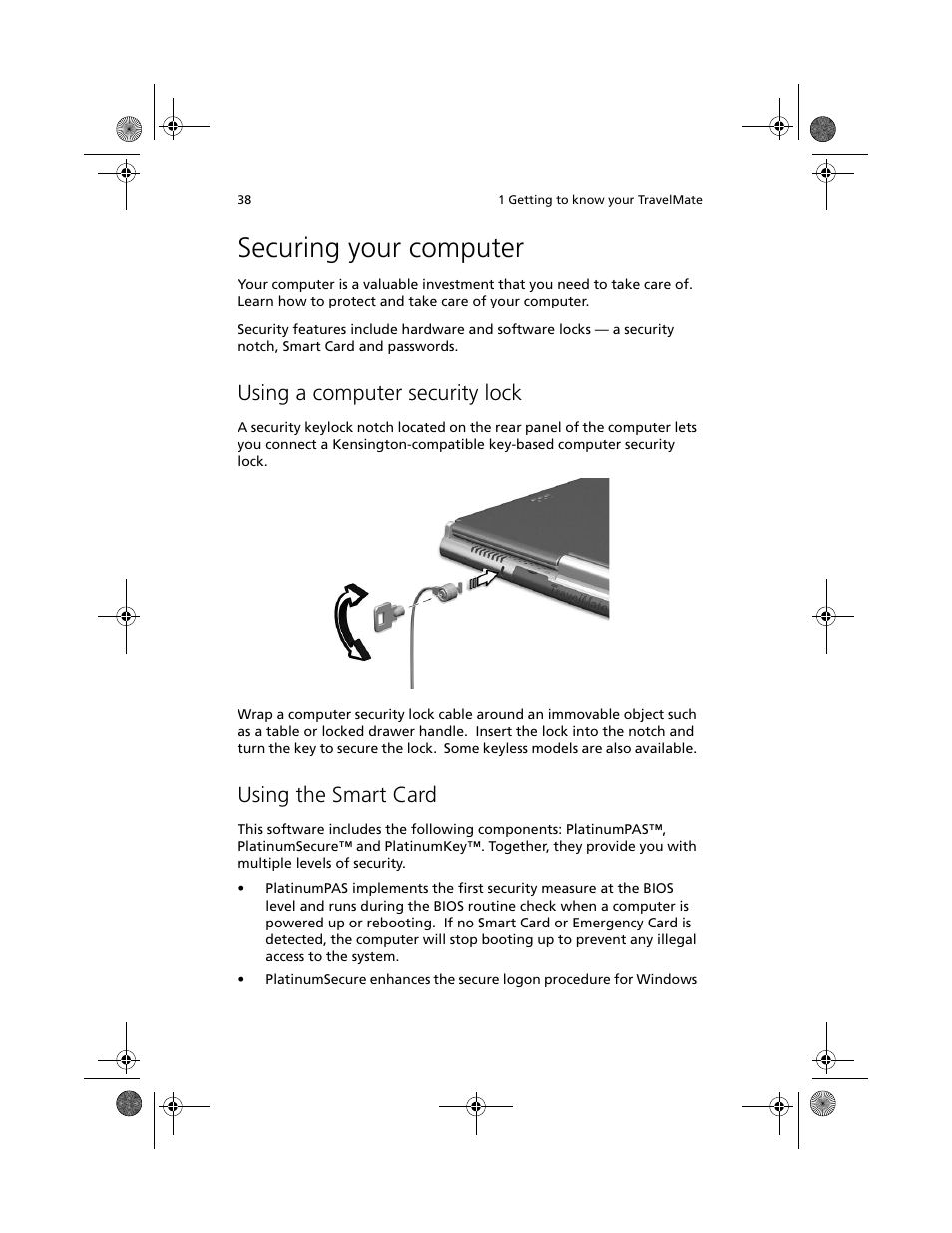 Securing your computer, Using a computer security lock, Using the smart card | Acer TravelMate C100 User Manual | Page 48 / 102