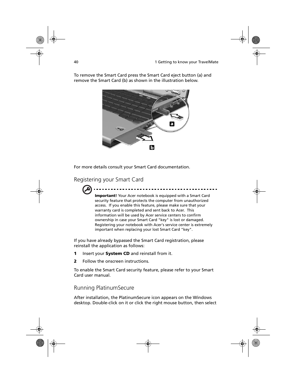 Registering your smart card, Running platinumsecure | Acer TravelMate C100 User Manual | Page 50 / 102