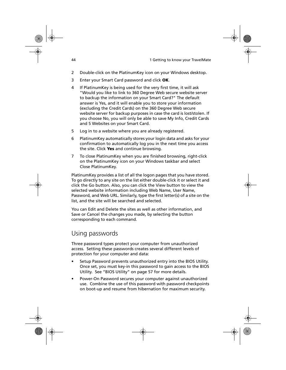 Using passwords | Acer TravelMate C100 User Manual | Page 54 / 102