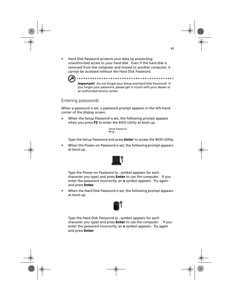 Entering passwords | Acer TravelMate C100 User Manual | Page 55 / 102