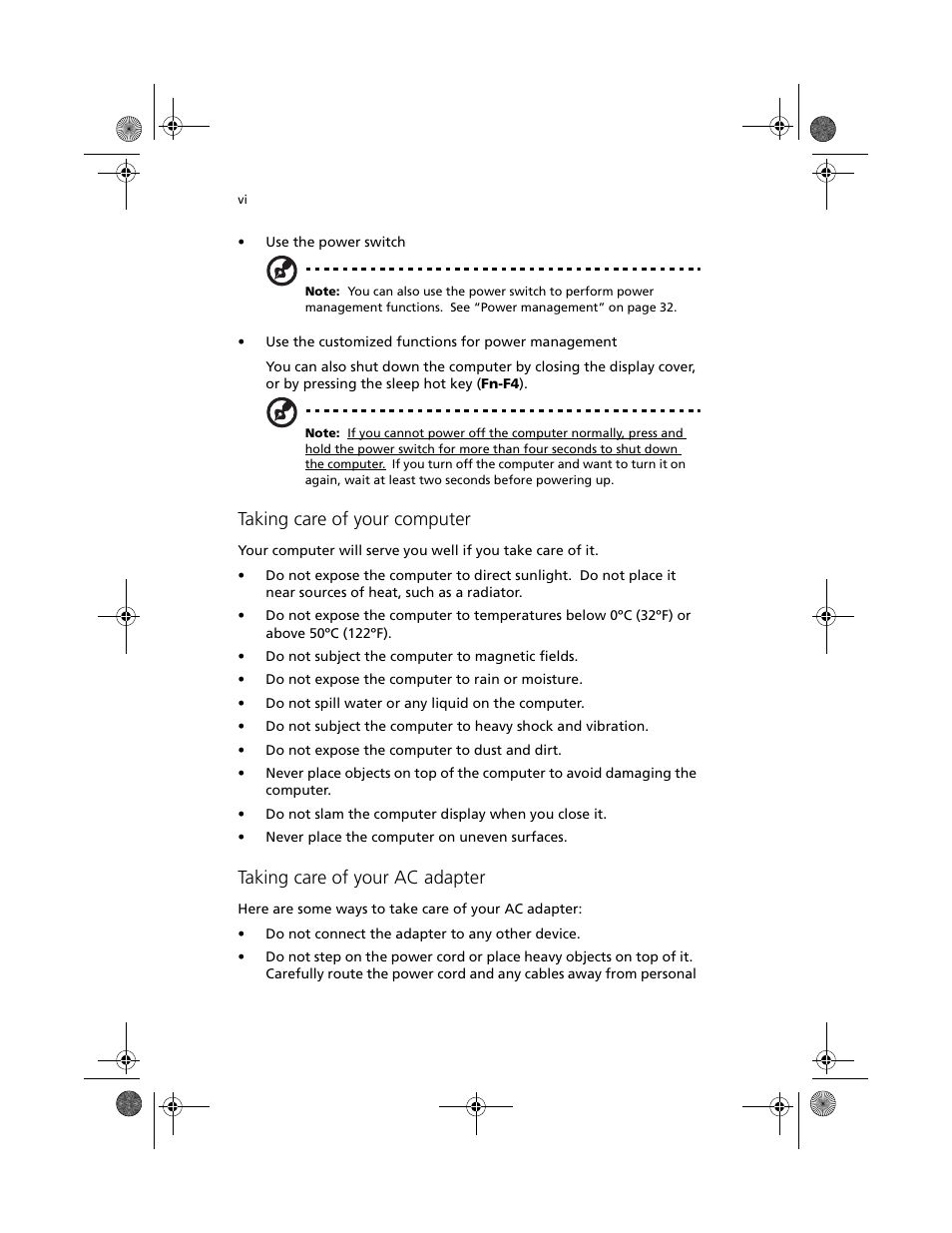 Taking care of your computer, Taking care of your ac adapter | Acer TravelMate C100 User Manual | Page 6 / 102