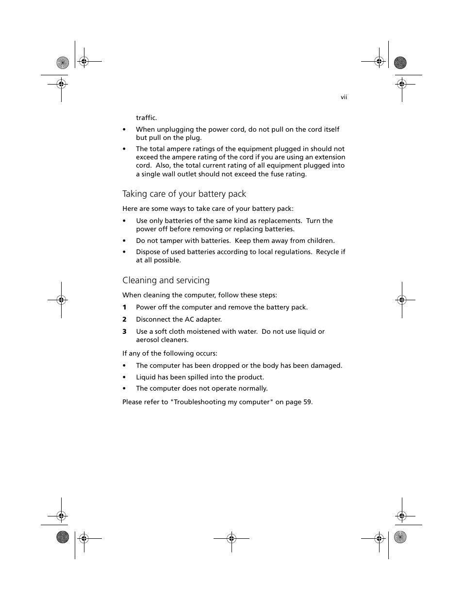 Taking care of your battery pack, Cleaning and servicing | Acer TravelMate C100 User Manual | Page 7 / 102