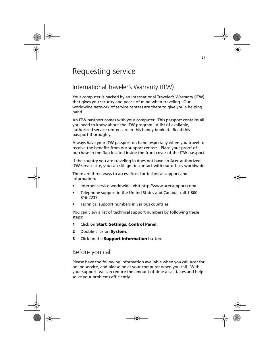 Requesting service, International traveler’s warranty (itw), Before you call | Acer TravelMate C100 User Manual | Page 77 / 102