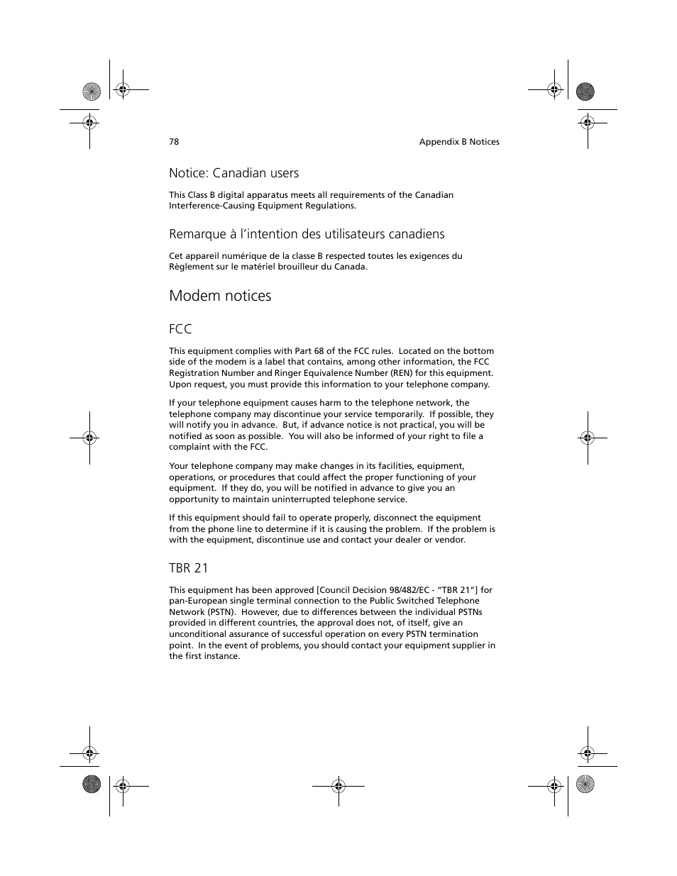 Modem notices, Notice: canadian users, Remarque à l’intention des utilisateurs canadiens | Tbr 21 | Acer TravelMate C100 User Manual | Page 88 / 102