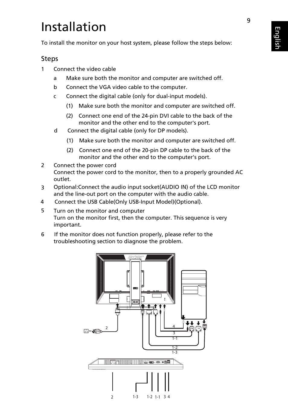Installation, Eng lis h, Steps | Acer B243WL User Manual | Page 21 / 28