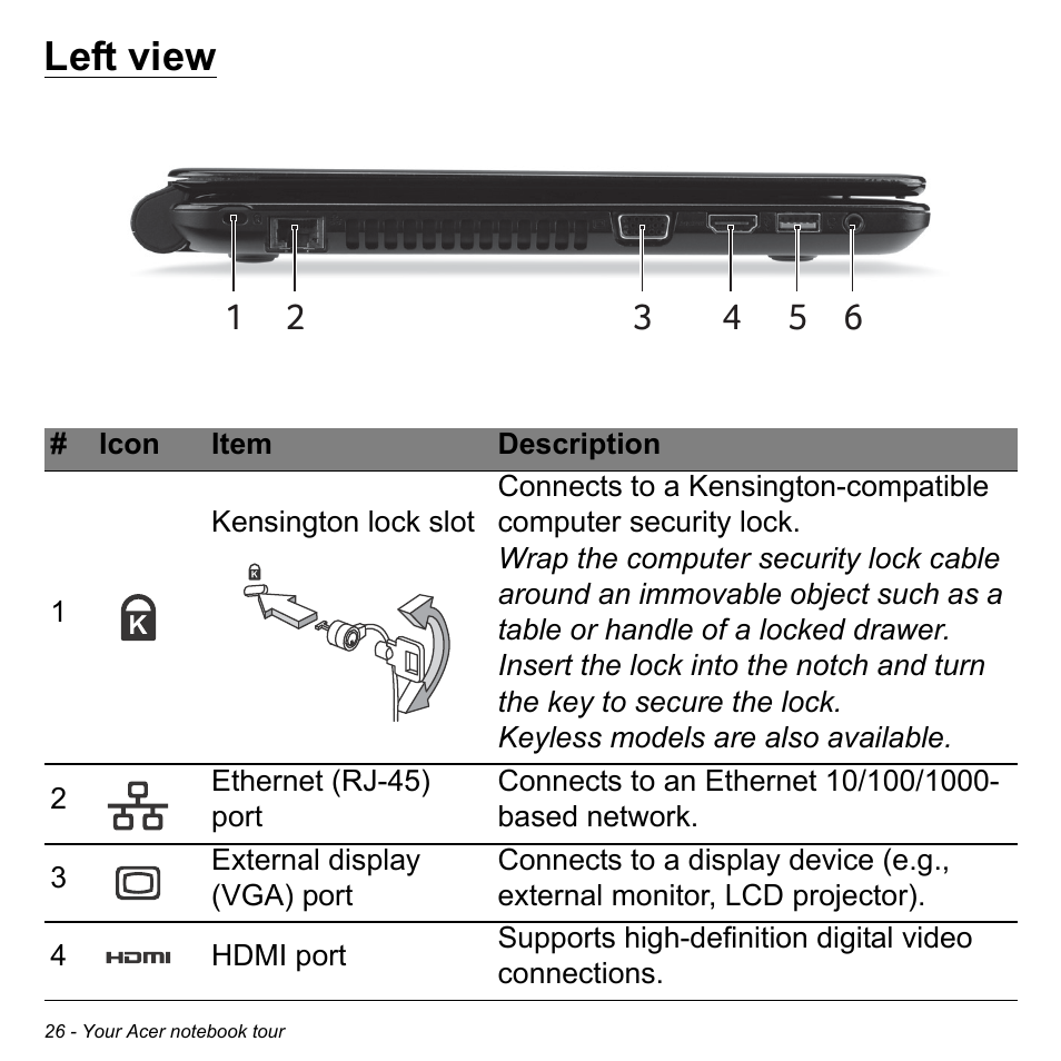 Left view | Acer Aspire E1-470PG User Manual | Page 26 / 103