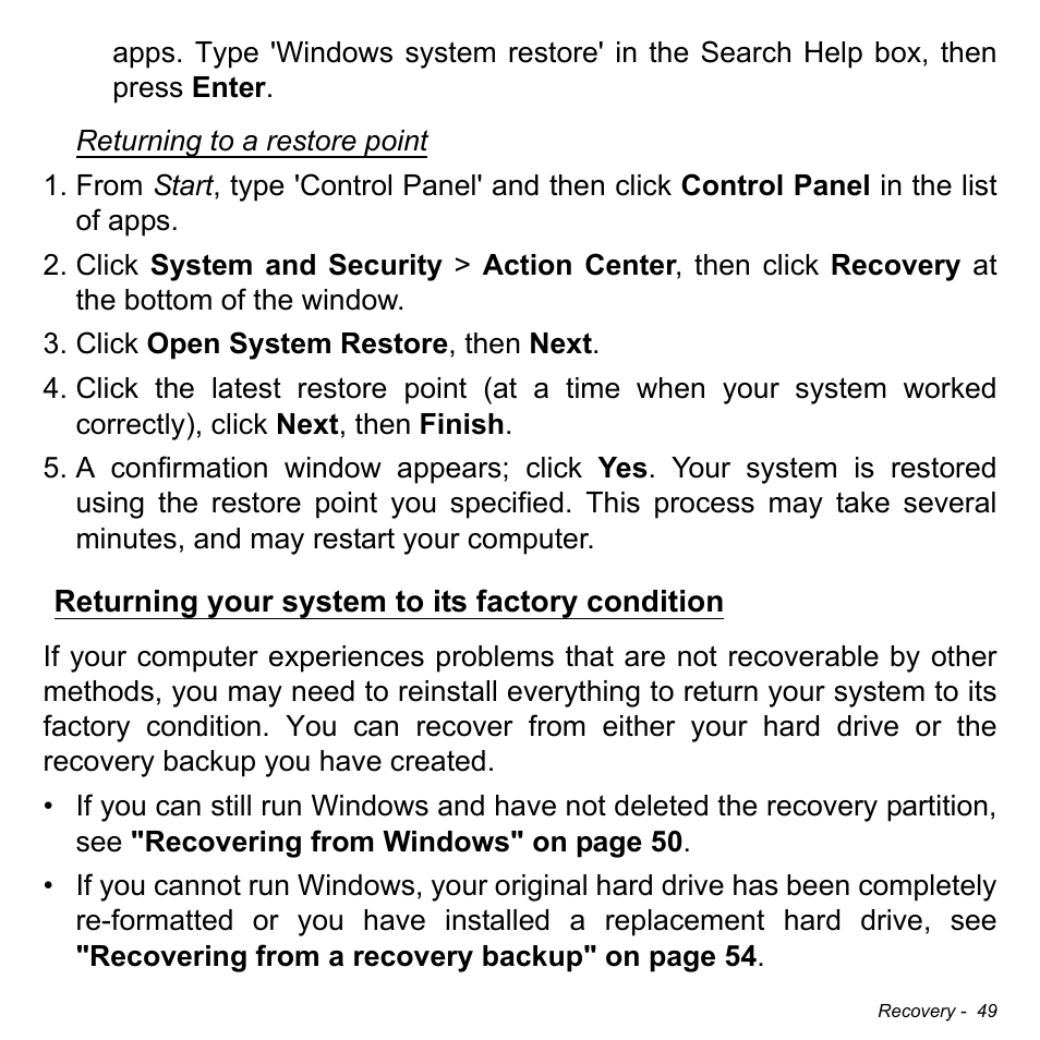 Returning your system to its factory condition | Acer Aspire E1-470PG User Manual | Page 49 / 103