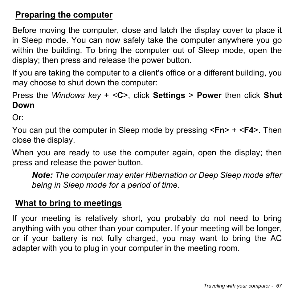 Preparing the computer, What to bring to meetings, Preparing the computer what to bring to meetings | Acer Aspire E1-470PG User Manual | Page 67 / 103