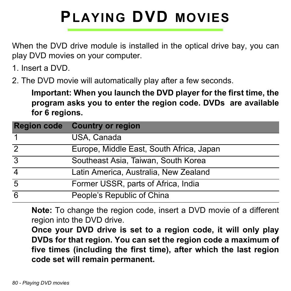 Playing dvd movies, Laying, Movies | Acer Aspire E1-470PG User Manual | Page 80 / 103