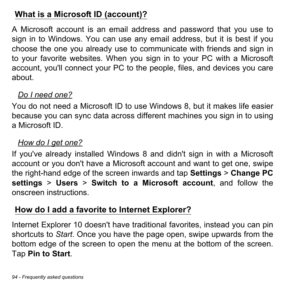 What is a microsoft id (account), How do i add a favorite to internet explorer | Acer Aspire E1-470PG User Manual | Page 94 / 103