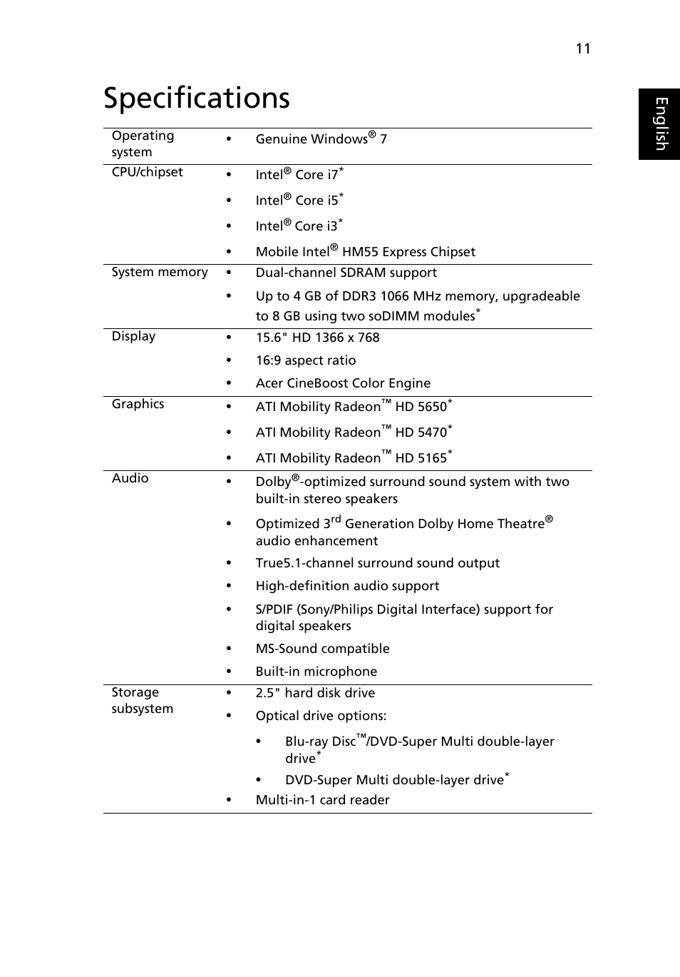 Specifications, Eng lis h | Acer Aspire 5942G User Manual | Page 11 / 13