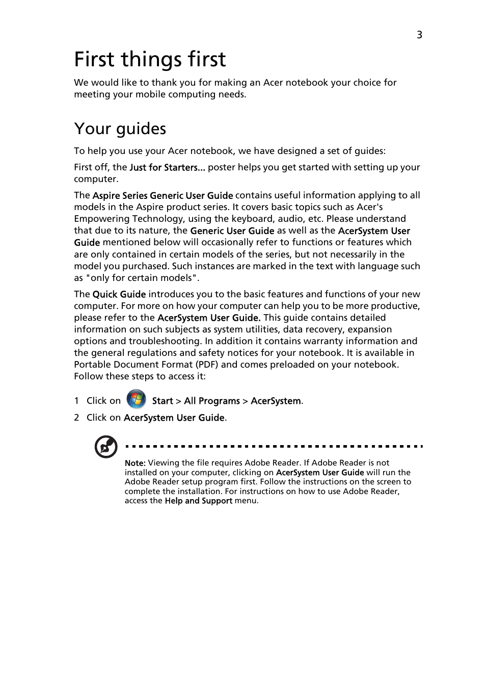 First things first, Your guides | Acer Aspire 5942G User Manual | Page 3 / 13