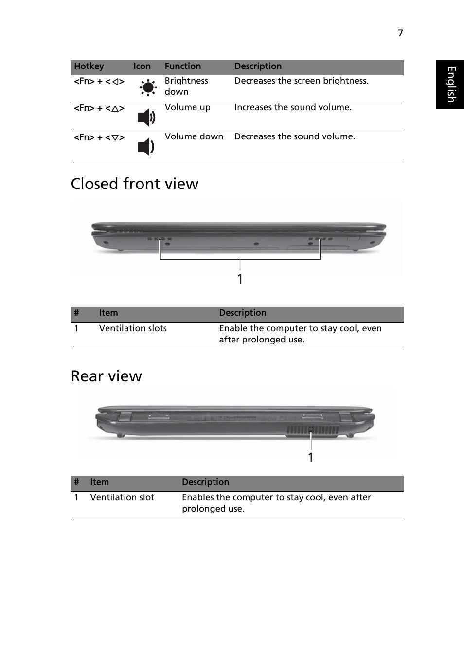 Closed front view, Rear view, Closed front view rear view | Acer Aspire 5942G User Manual | Page 7 / 13