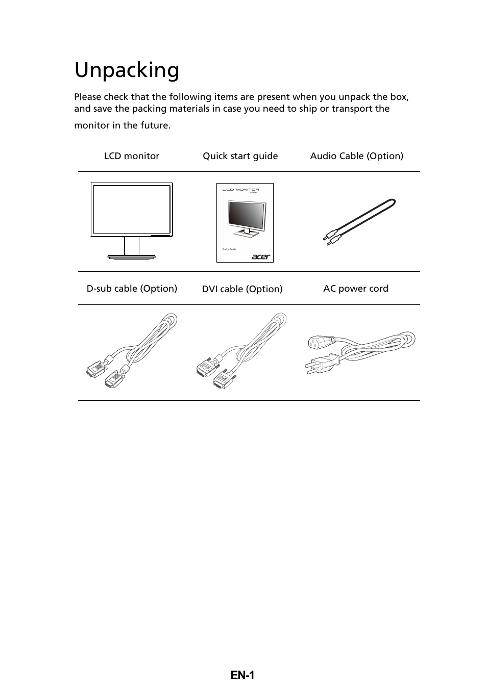 Unpacking | Acer B196WL User Manual | Page 13 / 28