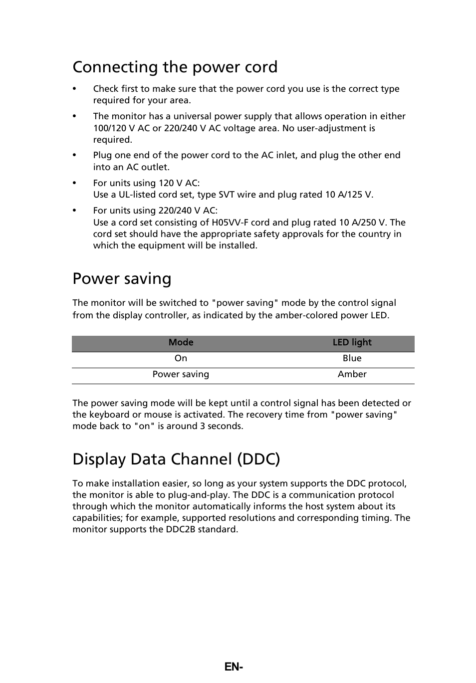 Connecting the power cord, Power saving, Display data channel (ddc) | Acer B196WL User Manual | Page 16 / 28