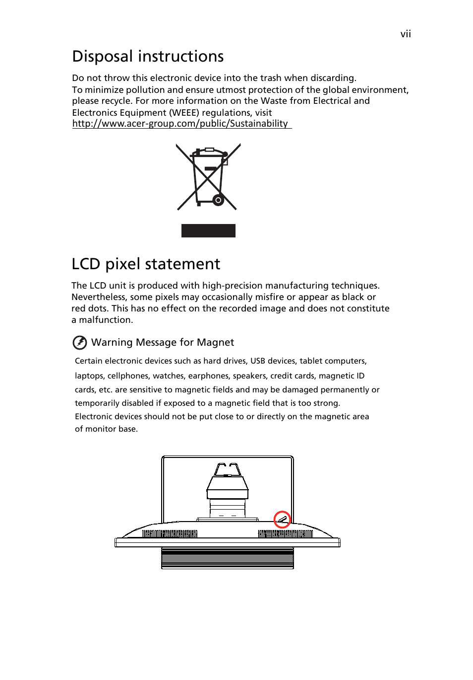 Disposal instructions, Lcd pixel statement | Acer B196WL User Manual | Page 7 / 28