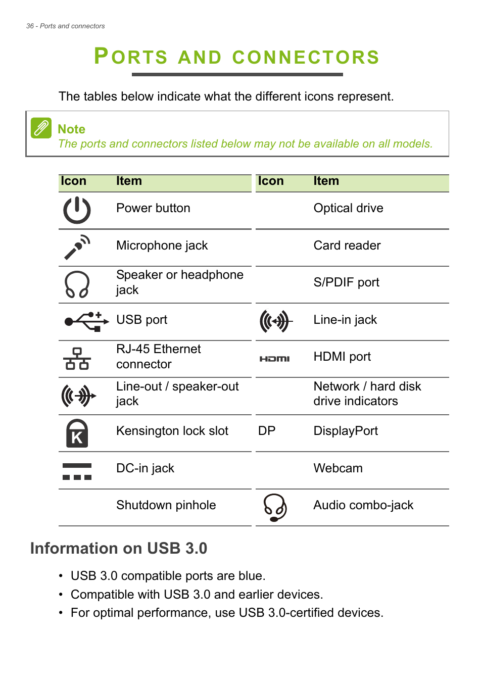 Ports and connectors, Information on usb 3.0, Orts | Connectors | Acer Veriton Z4810G User Manual | Page 36 / 68