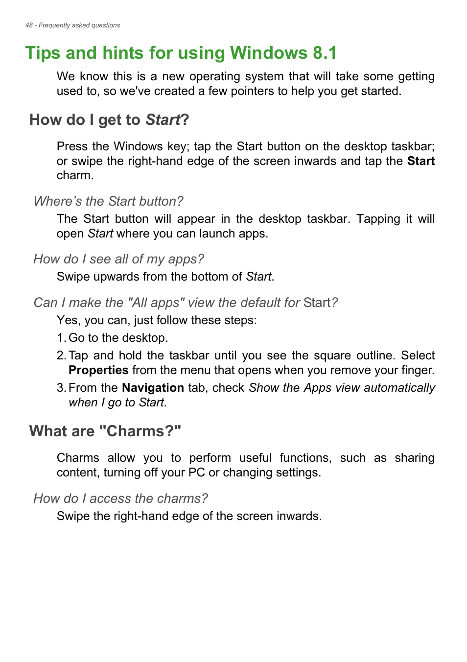 Tips and hints for using windows 8.1, How do i get to start, What are "charms | How do i get to start? what are "charms | Acer Veriton Z4810G User Manual | Page 48 / 68