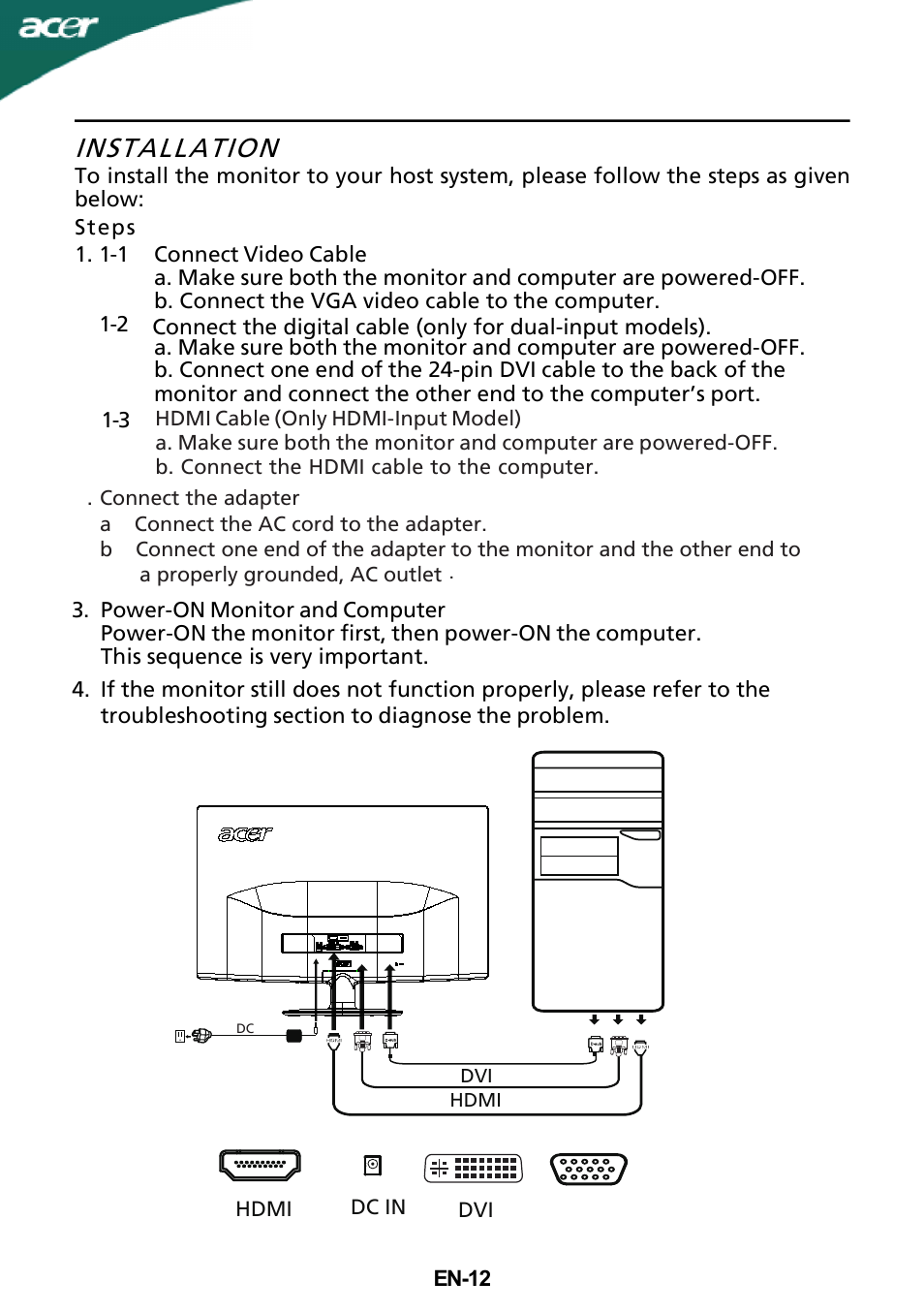Installation | Acer S232HL User Manual | Page 13 / 23