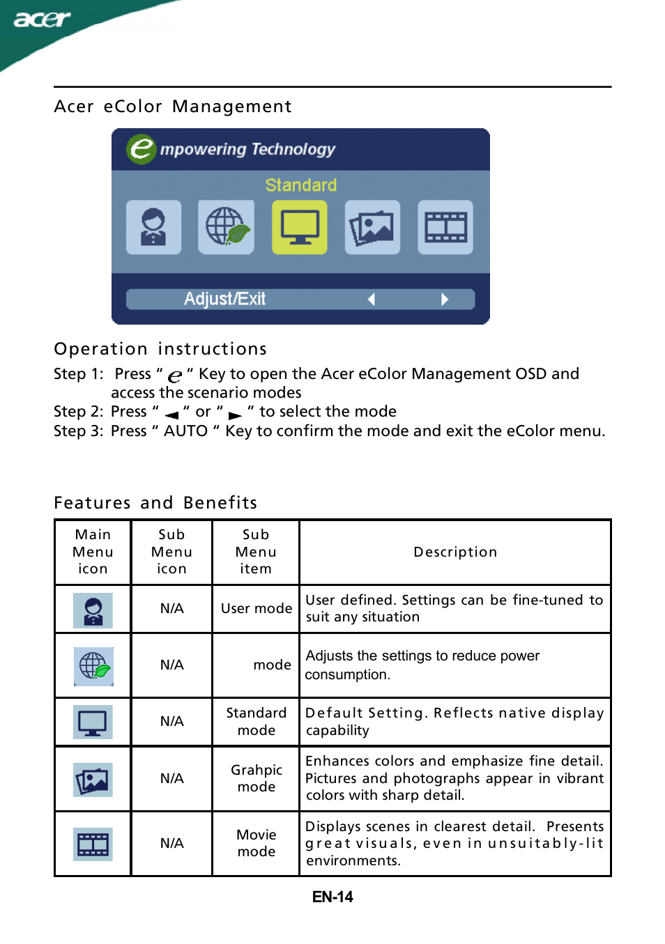 Acer ecolor management operation instructions, Features and benefits | Acer S232HL User Manual | Page 15 / 23