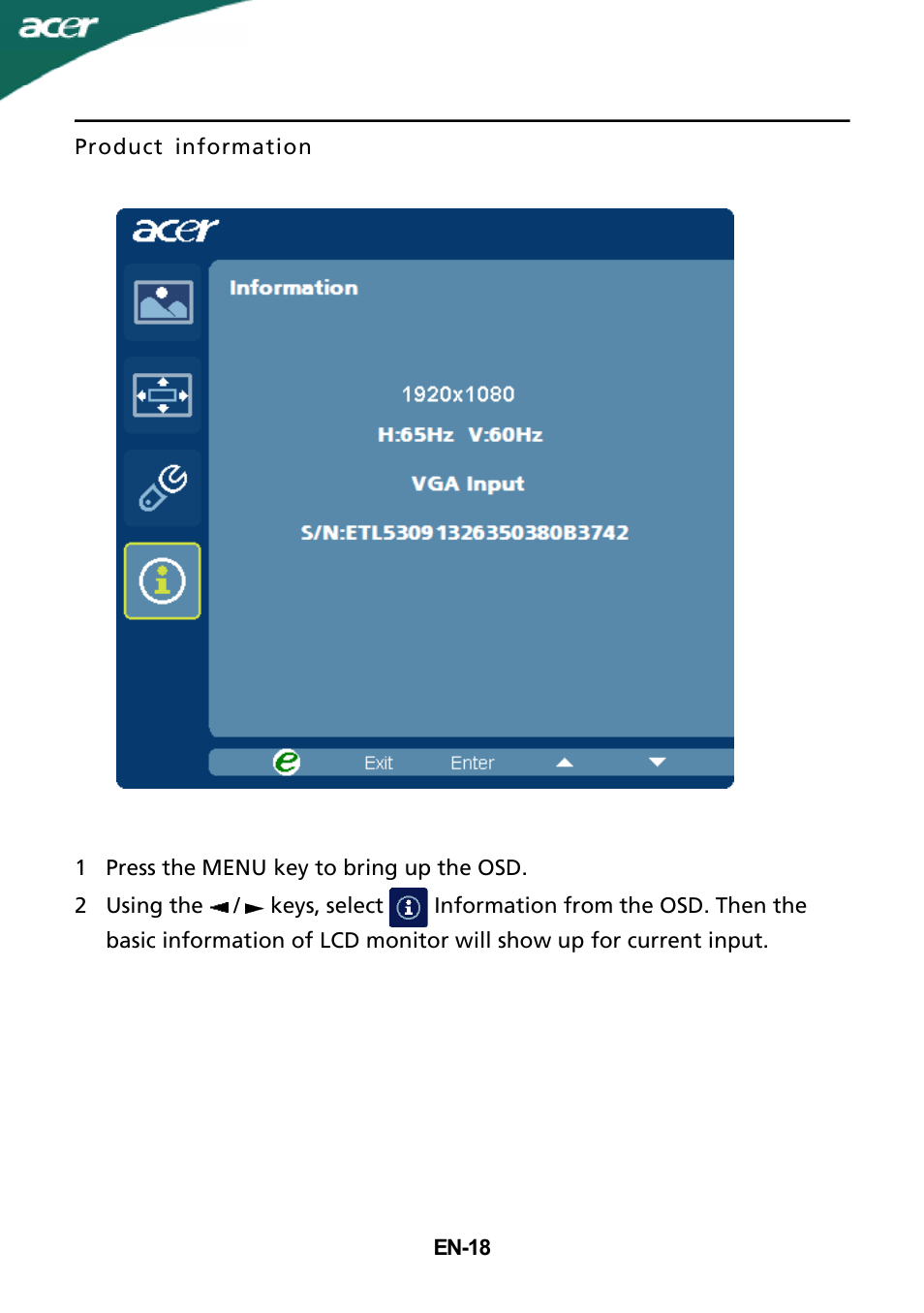 Acer S232HL User Manual | Page 19 / 23