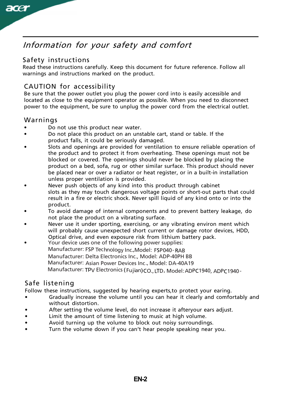 Information for your safety and, Comfort | Acer S232HL User Manual | Page 3 / 23