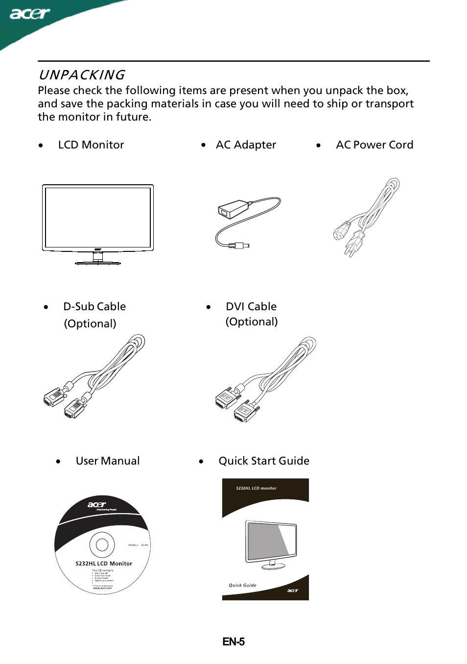 Unpacking, En-5 · lcd monitor, Optional) | Acer S232HL User Manual | Page 6 / 23