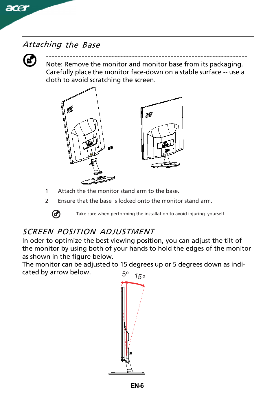 Attaching the base screen position adjustment | Acer S232HL User Manual | Page 7 / 23