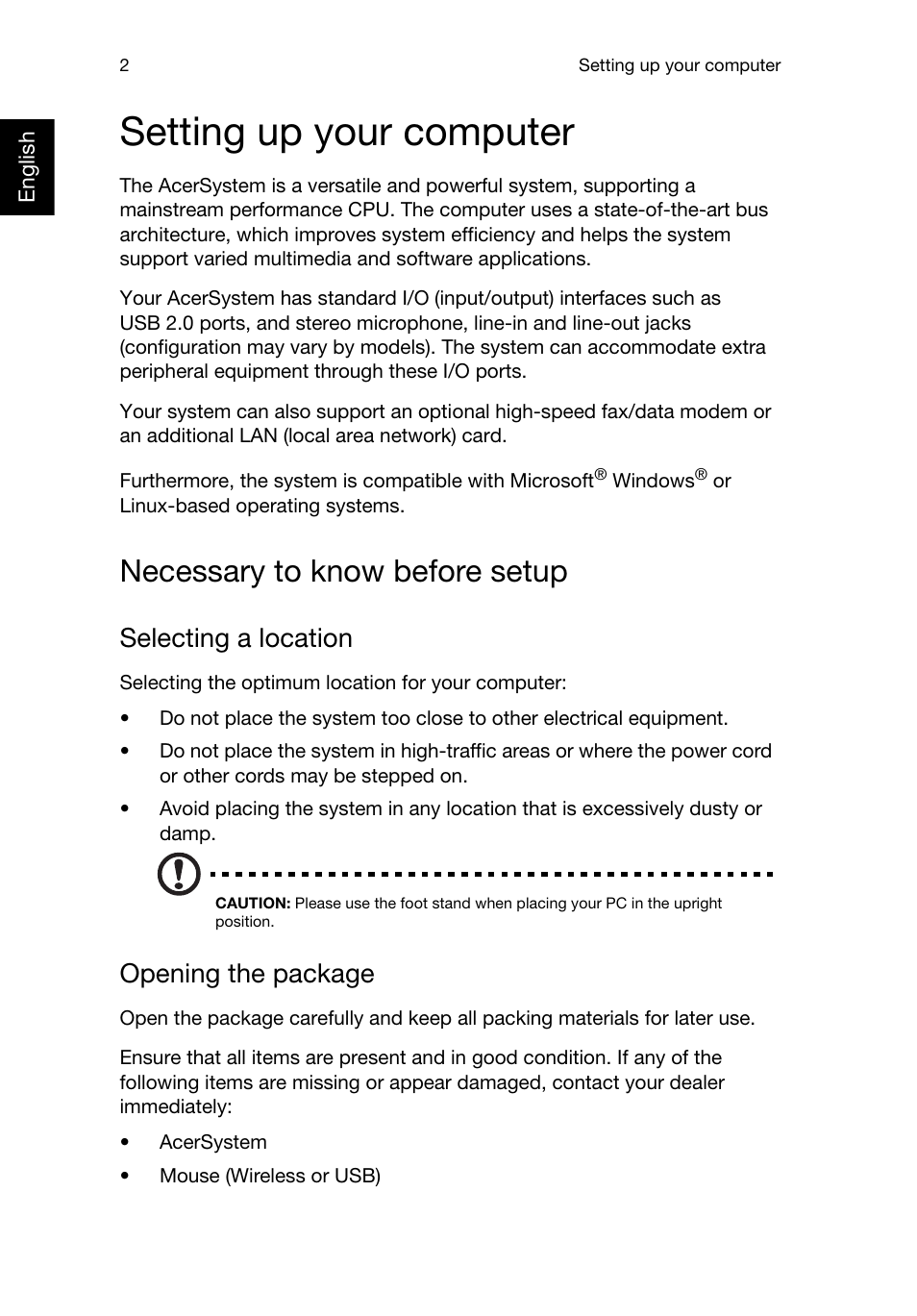 Setting up your computer, Necessary to know before setup, Selecting a location | Opening the package | Acer RL70 User Manual | Page 12 / 28