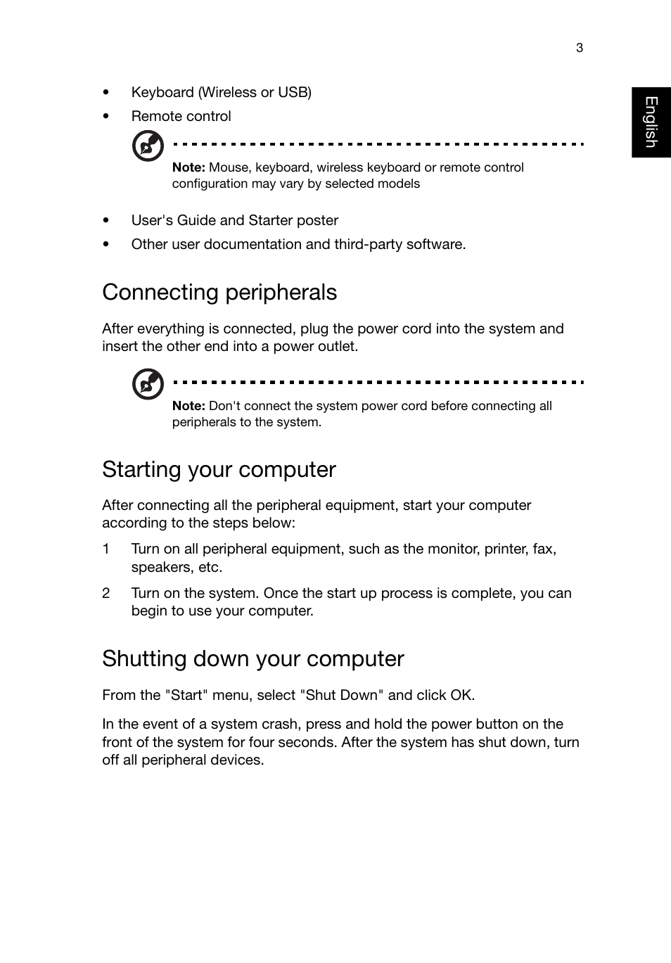 Connecting peripherals, Starting your computer, Shutting down your computer | Acer RL70 User Manual | Page 13 / 28