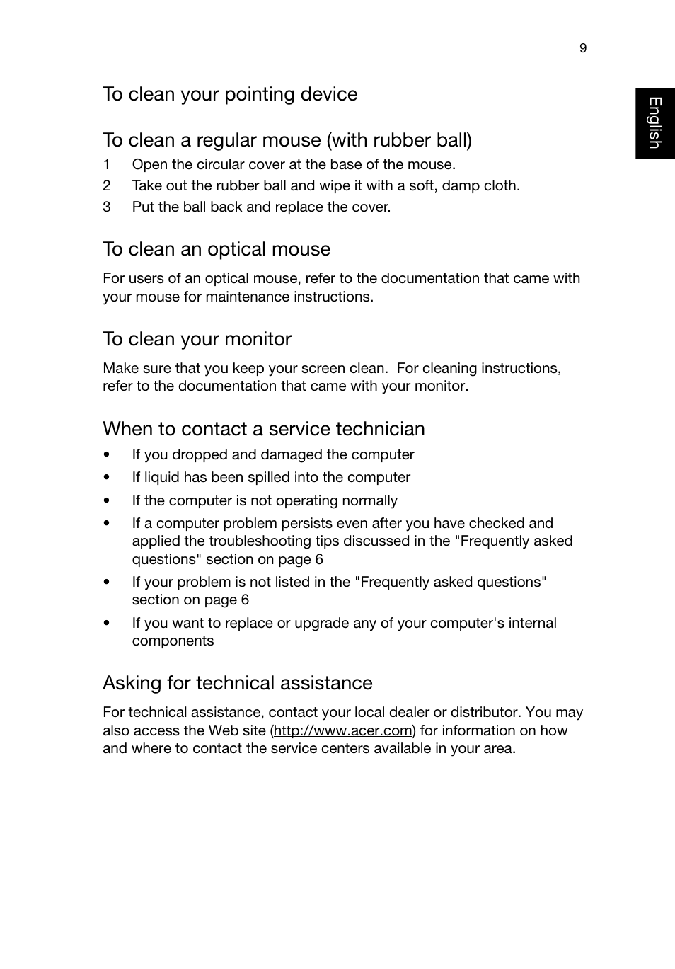 Asking for technical assistance, To clean your pointing device, To clean your monitor | When to contact a service technician | Acer RL70 User Manual | Page 19 / 28
